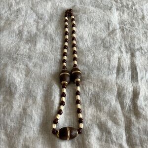 Unbranded Brown and Cream Wood Bead Necklace with Gold Accents
